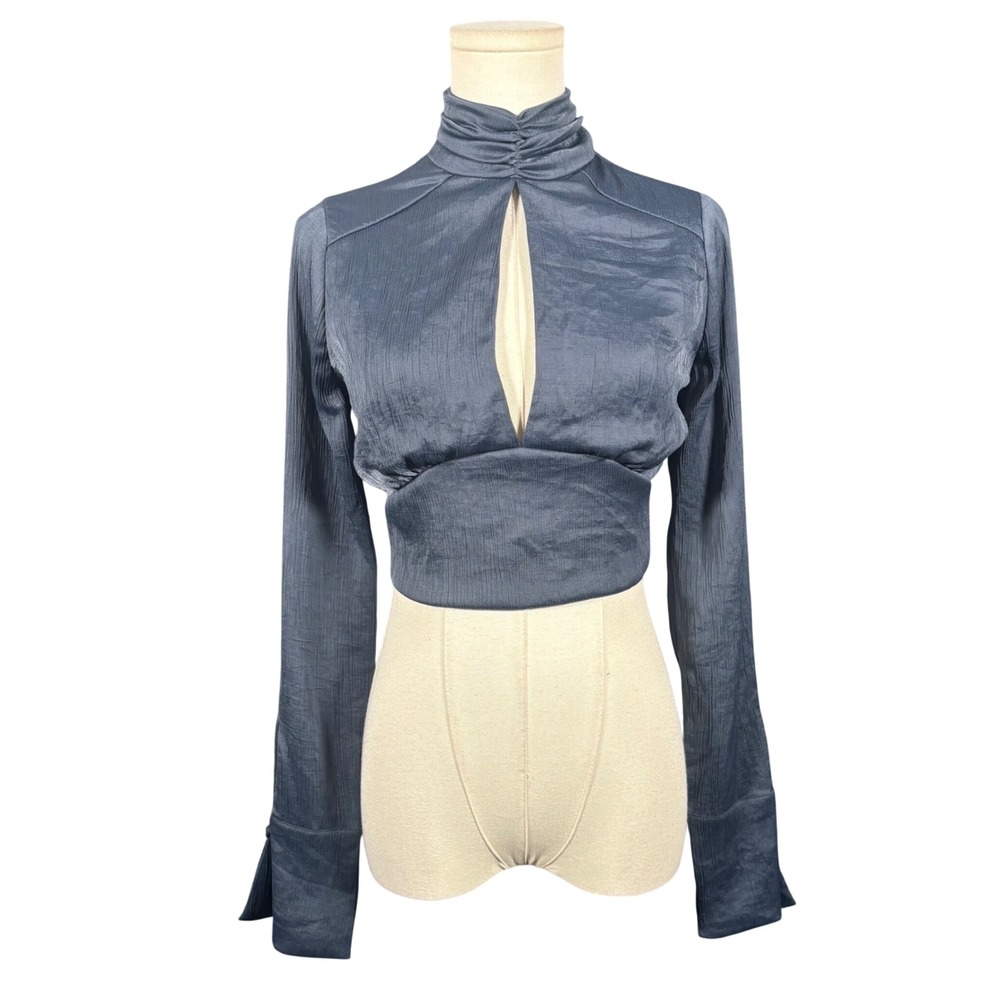 Blue Life Slate Blue Mock Neck Open Back Keyhole Crop Top XS Long Sleeve